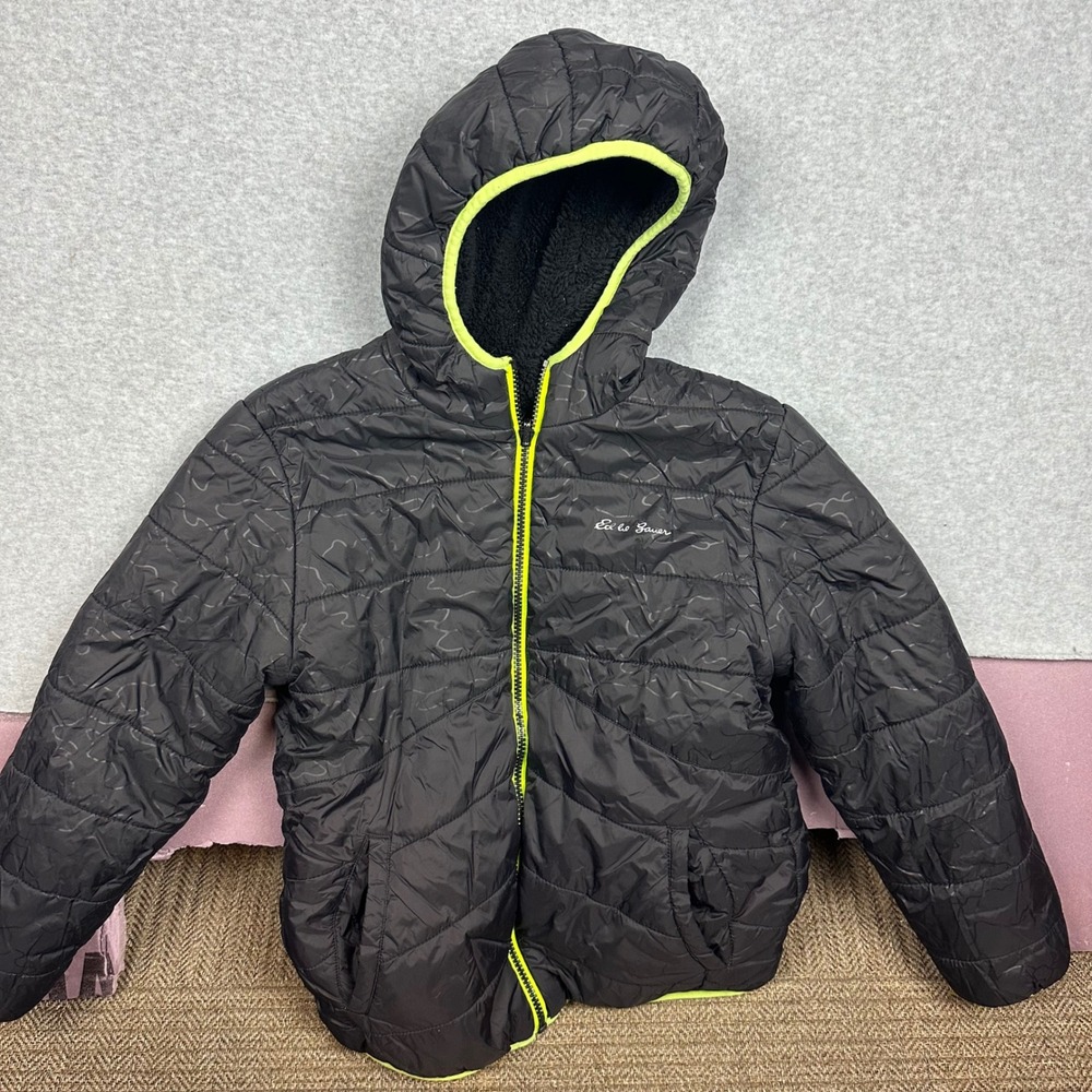 Eddie Bauer Kids Reversible Hooded Jacket Black Green Quilted Fleece‎ 37802005